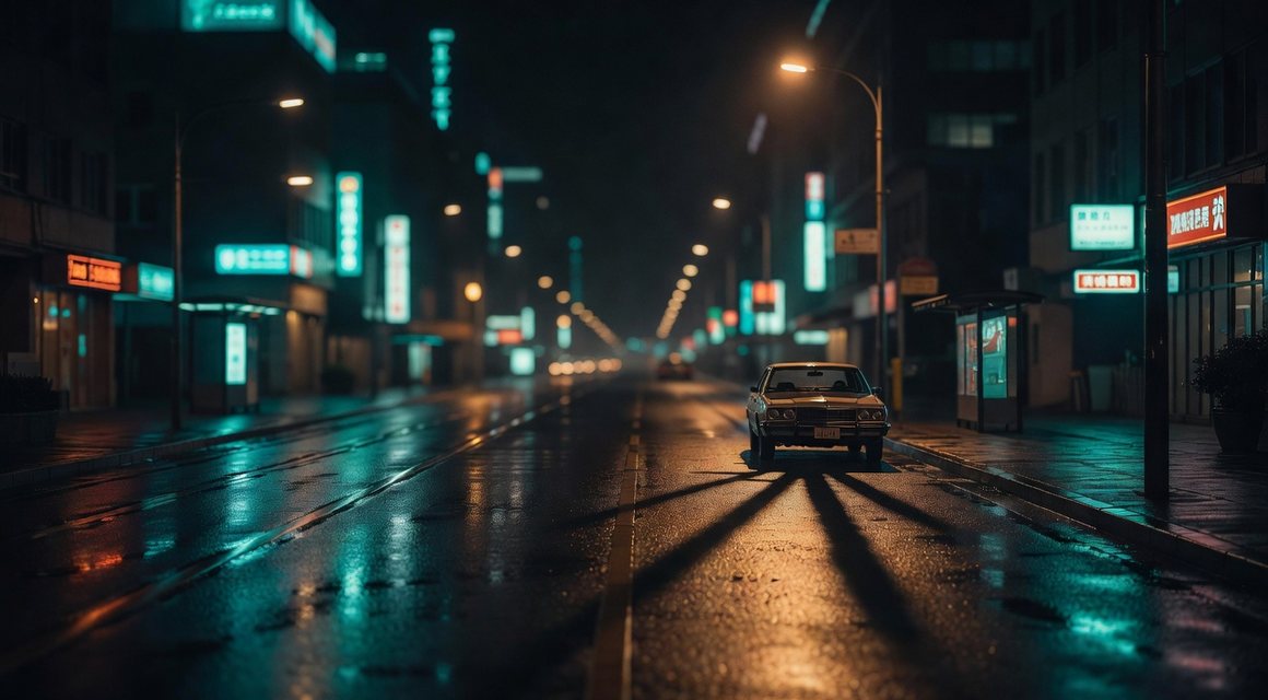 빈 거리 가로등 아래 홀로 선 차 — 눈에 띄는 동선